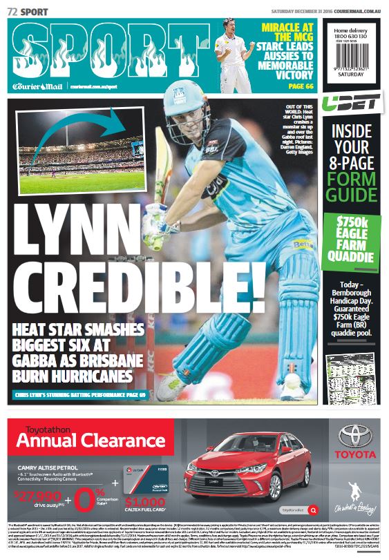 cmail_sport's tweet image. LYNNCREDIBLE! @lynny50 crushes a monster six at the Gabba @HeatBBL #BBL06 Tmrw&apos;s @couriermail back page bit.ly/2ieXQNM