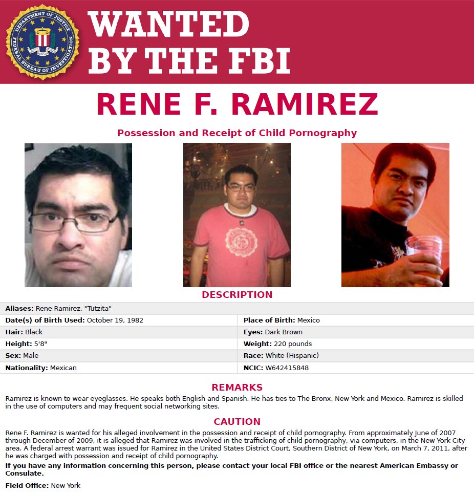 FBI's tweet image. The FBI is still seeking Rene F. Ramirez - wanted for his alleged role in trafficking of child porn. #FugitiveFriday fbi.gov/wanted/cac/ren…