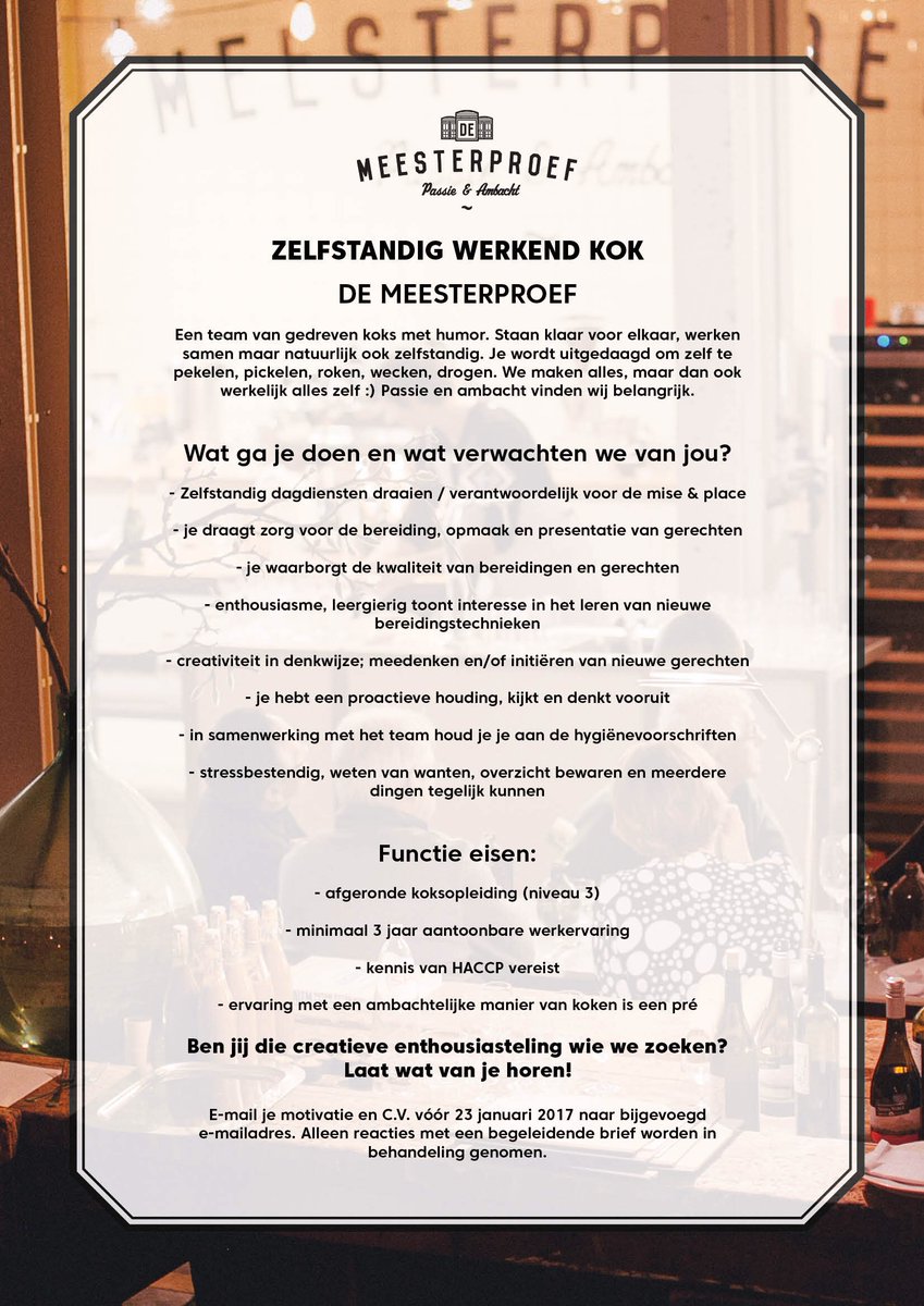 JE BENT AANGENOMEN!*
*...wanneer je voldoet aan onderstaande ;) Overtuig je ons met jouw brief en CV?