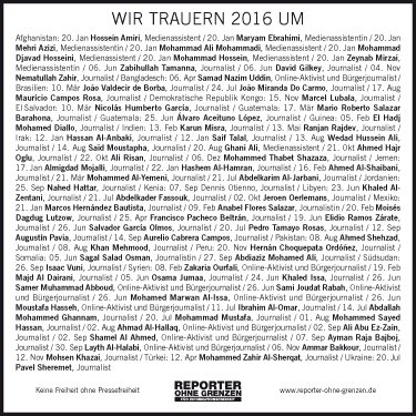 ReporterOG's tweet photo. Wir trauern: 2016 sind weltweit 74 #Journalisten getötet worden, davon 53 gezielt wegen journalistischer Tätigkeit. https://t.co/2xKha2X7Ln https://t.co/ymgb01r4ru