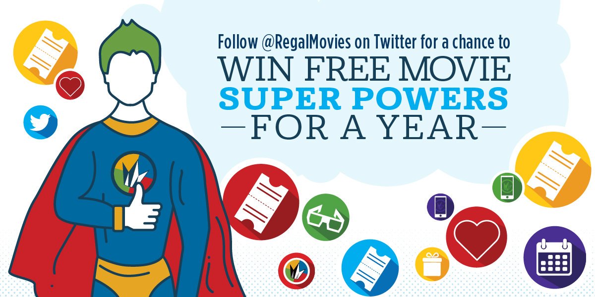 FOLLOW us &amp; RT with #RegalSuperSweeps for a chance to win a free movie every week for an entire year!