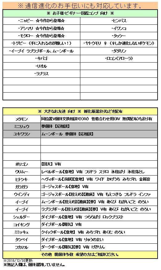 ｇａｍｅｏｆｆ富士宮 Auf Twitter ポケモンサンムーン交換会 開催中 12 30更新 12 30 ヒトツキ ウリムー ポリゴン 追加 通信進化お手伝い 図鑑お手伝い 対応 担当スタッフが出勤の日のみ 対応 交換は店内のみ インターネット交換は原則不可 その他お