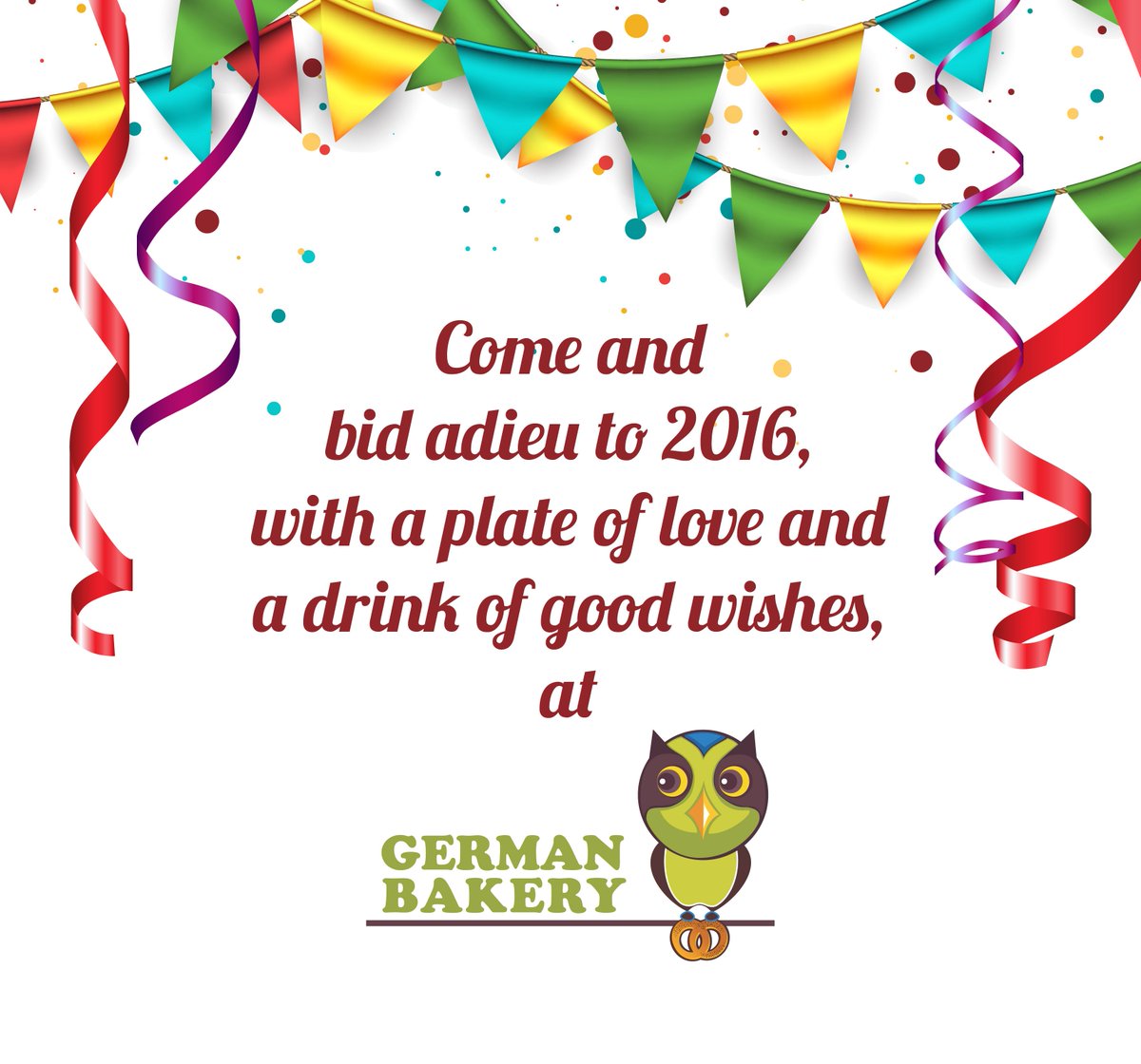 GermanBakeryPun's tweet image. Double your fun with friends and family, as you say goodbye to 2016, only at German Bakery!

#GermanBakery #Pune #NYE #NewYear #Greetings
