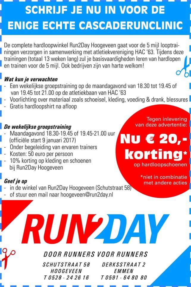 Inschrijven cascaderun.nl is het goede voornemen dat alle andere voornemens overbodig maakt. Goede tweede is Run2Day-clinic ;-)