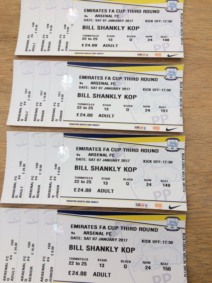Arsenal FANS:

We have 2 tickets for Sale for the following matches:

Crystal Palace (H) Bournemouth (A)

Also 2 for Preston (A)

#AFC