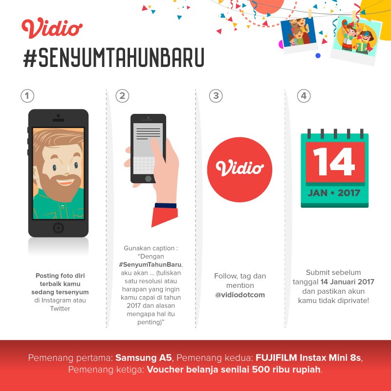 vidio's tweet photo. Sudah tahu belum kalau sekarang senyum  kamu bisa menghasilkan Samsung A5,  Fujifilm Instax Mini/voucher belanja? #SenyumTahunBaru https://t.co/Mk3ifAz33x