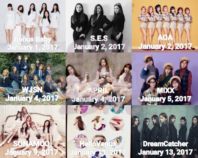 piratekingeight's tweet photo. [#Info] Comebacks e debutes confirmados para janeiro de 2017: #BonusBaby, #SES, #AOA,#WJSN,#APRIL,#MIXX,#SONAMOO,#HelloVenus,#DreamCatcher! https://t.co/Pmg7b3SSmk