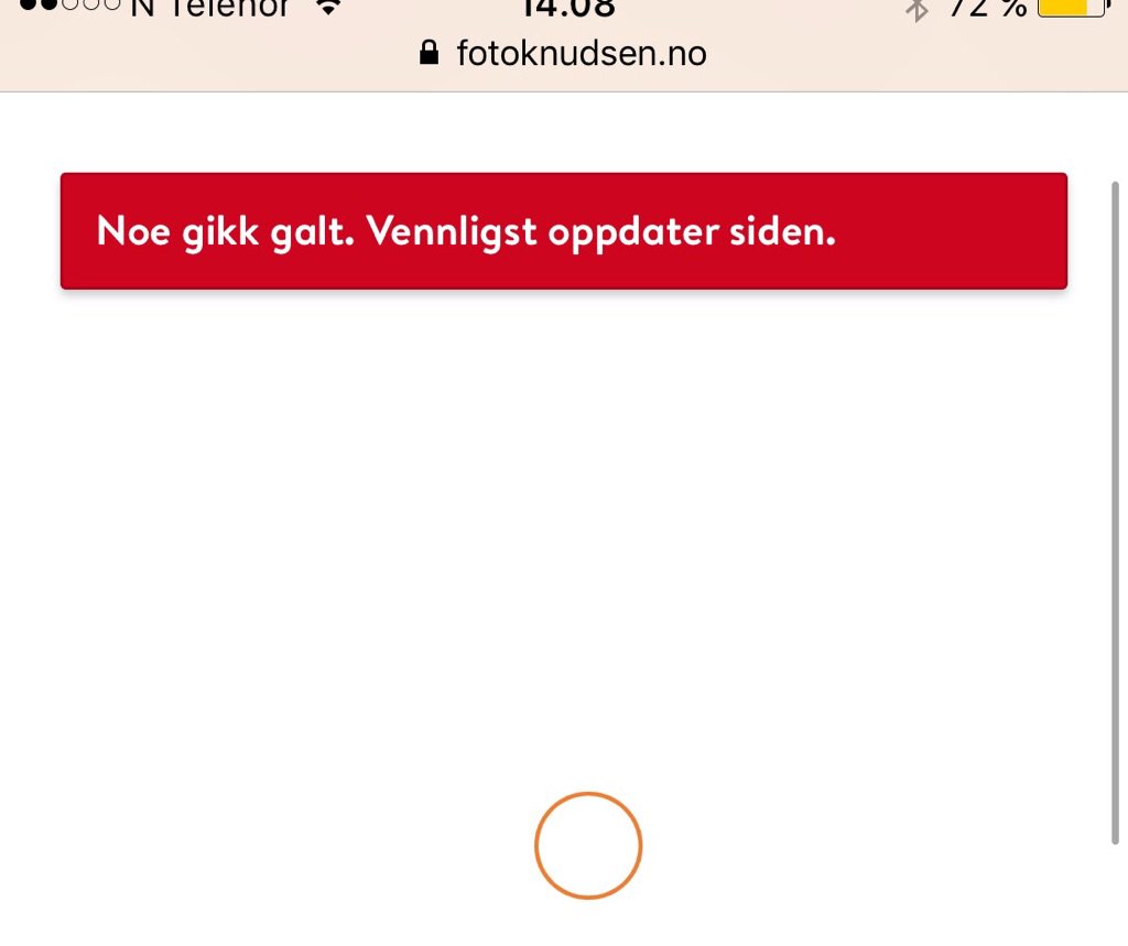 NancyH_'s tweet photo. @fotoknudsen "noe gikk galt, vennligst oppdater siden". Ja takk sier jeg, vennligst oppdater, og gjør gjerne en brukertest på iOS først. https://t.co/BQdiYSxSLf
