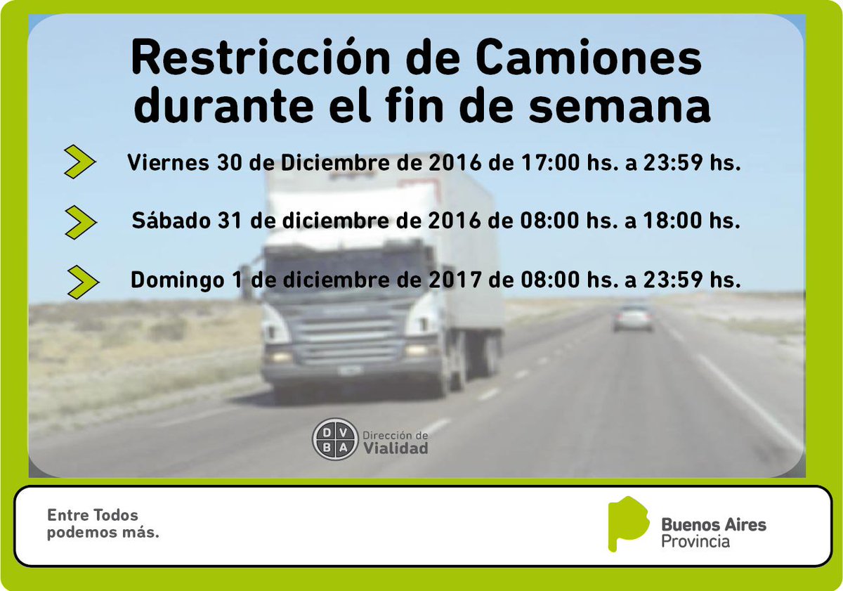 VialidadBA's tweet photo. Cronograma de #restricción al tránsito pesado que rige para este fin de semana. @AU_BA_SA @BAProvincia https://t.co/oV7prklPjw