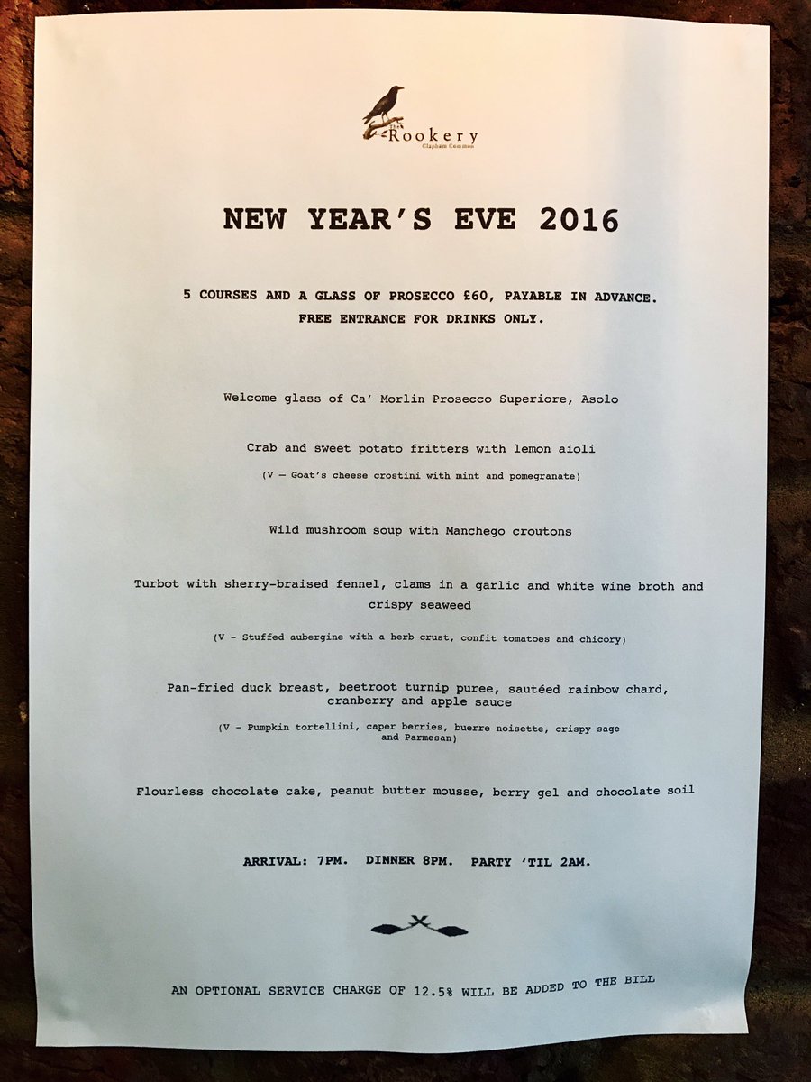 Last few dinner tickets remaining for NYE.
O20 8673 9162 or hello@therookeryclapham.co.uk

Free entry all night for drinkers