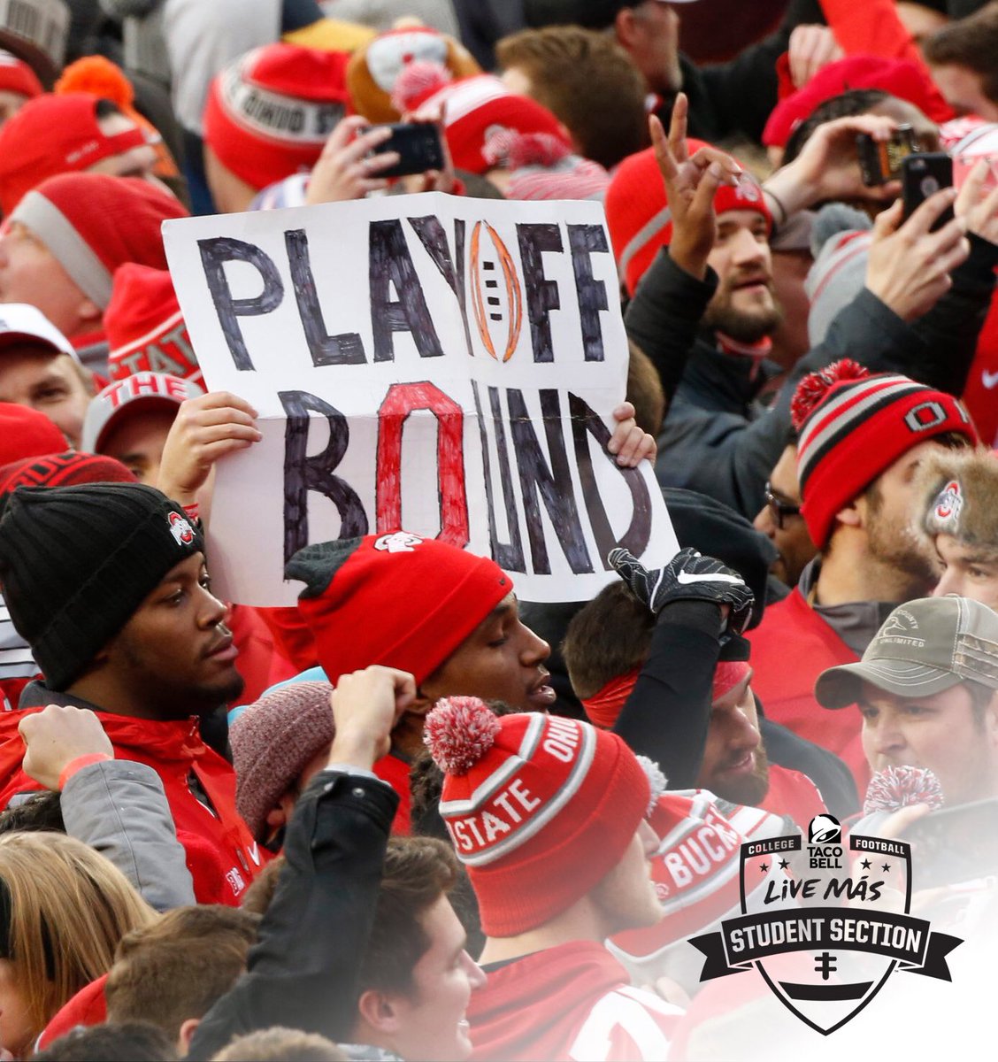 Brutus_Buckeye's tweet photo. Thanks to @TacoBell for sending 500 [#TEAM] students to the #FiestaBowl for FREE! #TacoBellPartner https://t.co/v4hGzXCIlB