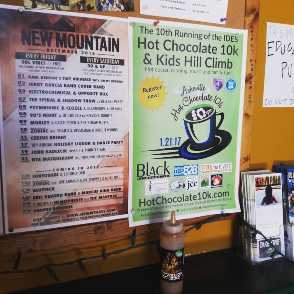 TimGrotenhuis's tweet photo. 2017 IDES Hot Chocolate 10K poster AND a bottle of Firewalker hot sauce spotted in West Asheville! #avlrun #HC10K #… https://t.co/vxQlrUxhzH