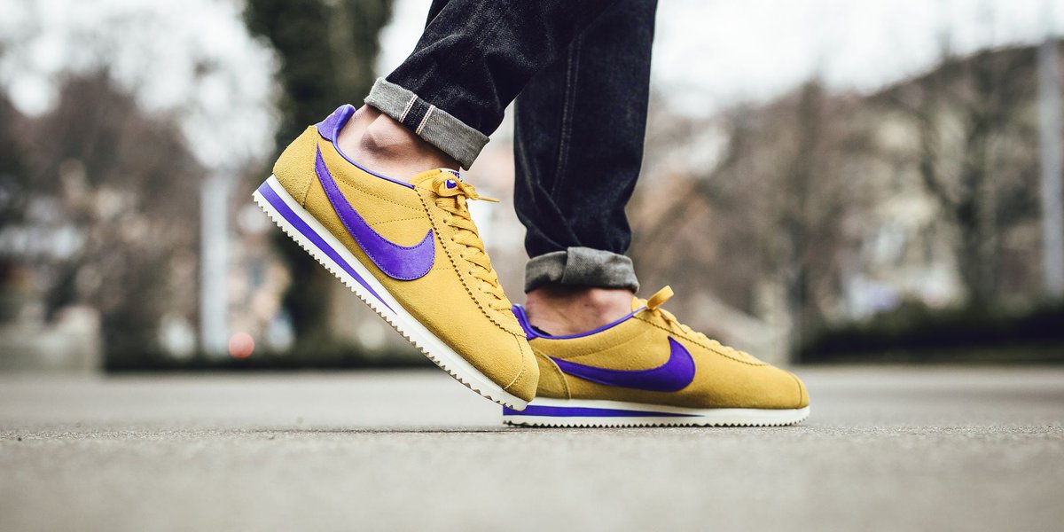 nike cortez purple and yellow