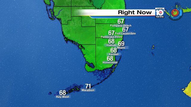 Cool & Comfortable! Still in the 60s this noon hour all across South Florida. Highs today hovering around 70 degrees https://t.co/KSOyZLmhPb