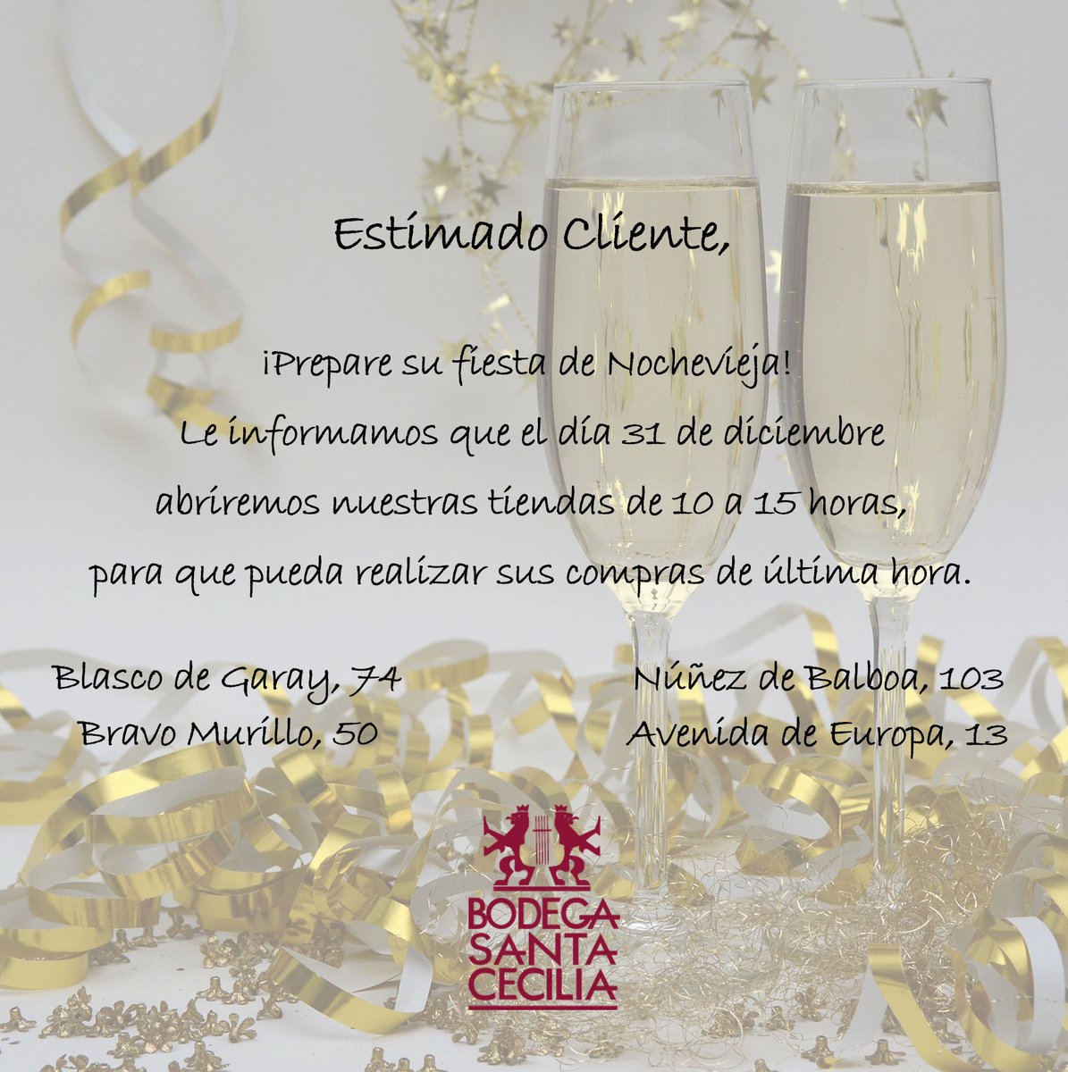 El día 31 despedimos el año como mejor sabemos hacerlo: abiertos, para que puedas comprar el mejor vino antes de las campanadas.