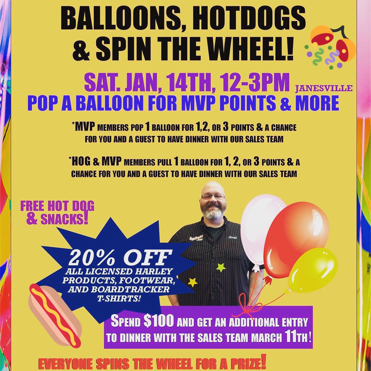 BoardtrackerHD's tweet photo. Balloons, Hotdogs & Spin the Wheel event Saturday January 14th from 12-3pm! ππππ #boardtrackerhd #balloons #hotdogs https://t.co/OJTfoQAWBG
