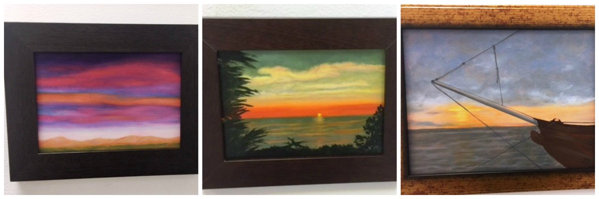 GalleryUnder's tweet image. A trio of #sunset paintings by Mary-Jeanne Reid Martz #seascape #ocean #oceansunset #boats Come in to see our January show, going up on Tues