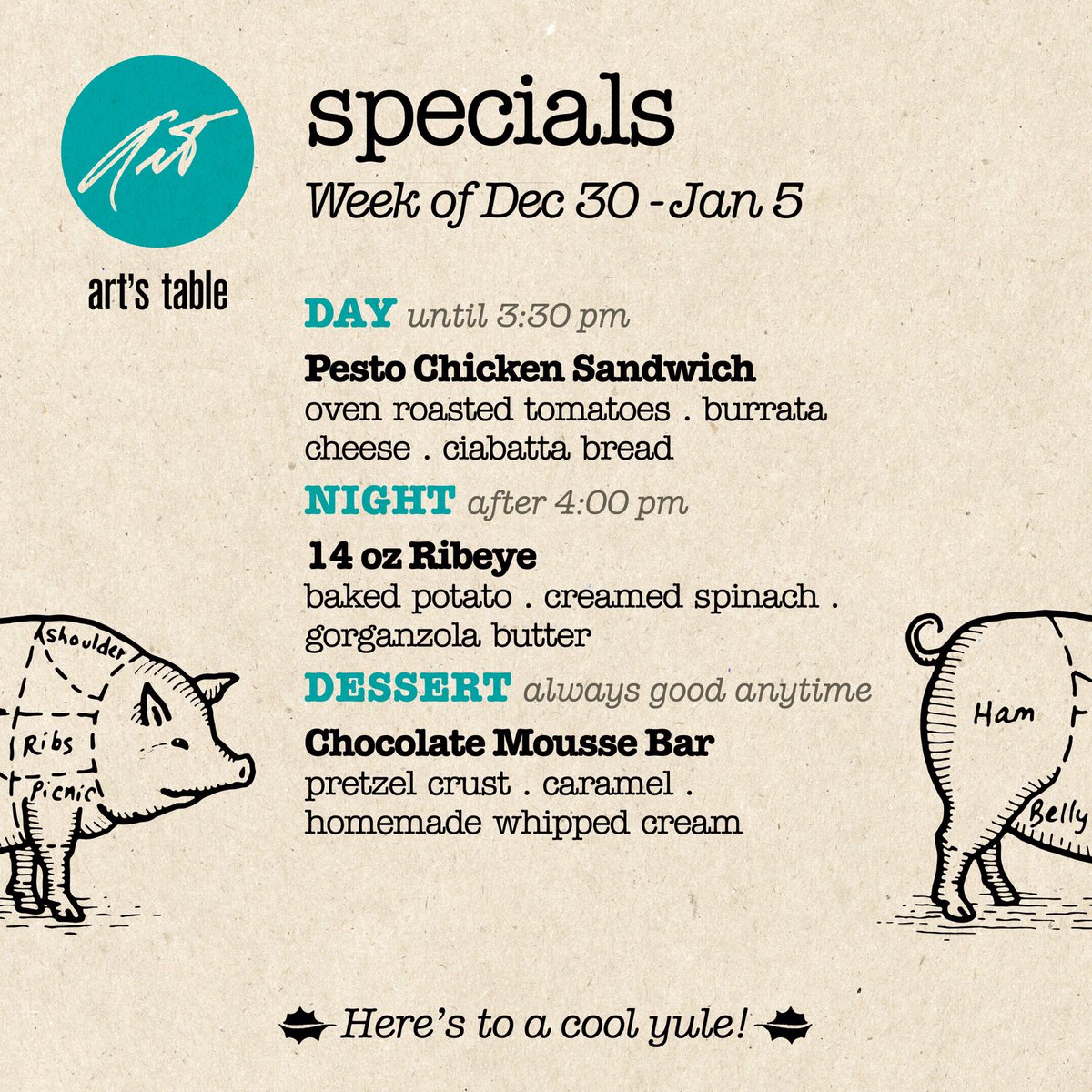 artstablesm's tweet photo. Ring in the new year with our specials of the week. Cheers! #ChickenSandwich #RibEye #Mousse #ArtsTableSM ๐๐๐ซ๐ https://t.co/tVihlJvh43