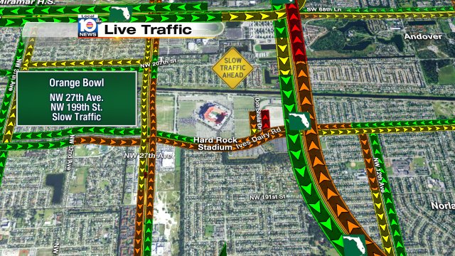 ORANGE BOWL TRAFFIC: NW 27th Ave. & NW 199th St. Expect delays. #TRAFFIC https://t.co/UiMDoHsVBr