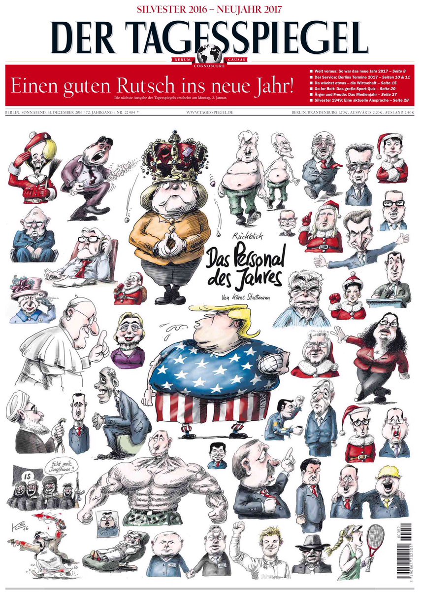 Tagesspiegel's tweet photo. Tagesspiegel-Titelseite vom 31.12.2016/1.1.2017 #Stuttmann Mehr Karikaturen: https://t.co/p2XNdZQGzy https://t.co/coAvIeNbVQ