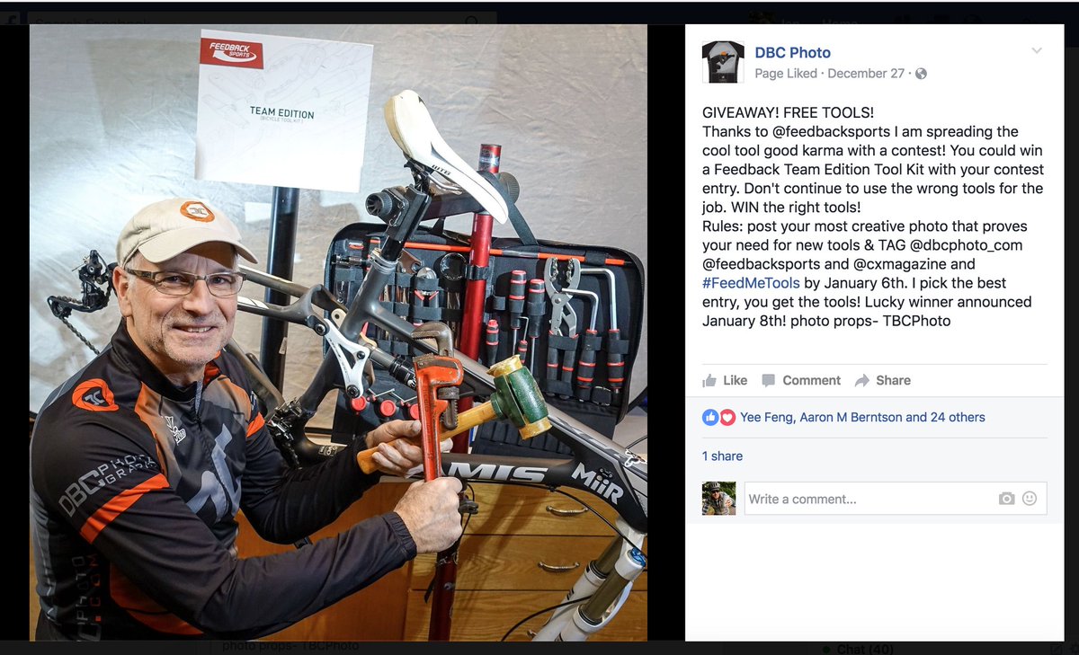 My dad (<a href="/dbcphoto/">Dennis Crane</a>) wants to give away some brand new <a href="/feedbacksports/">Feedback Sports</a> tools. You should try and win them! #FeedMeTools