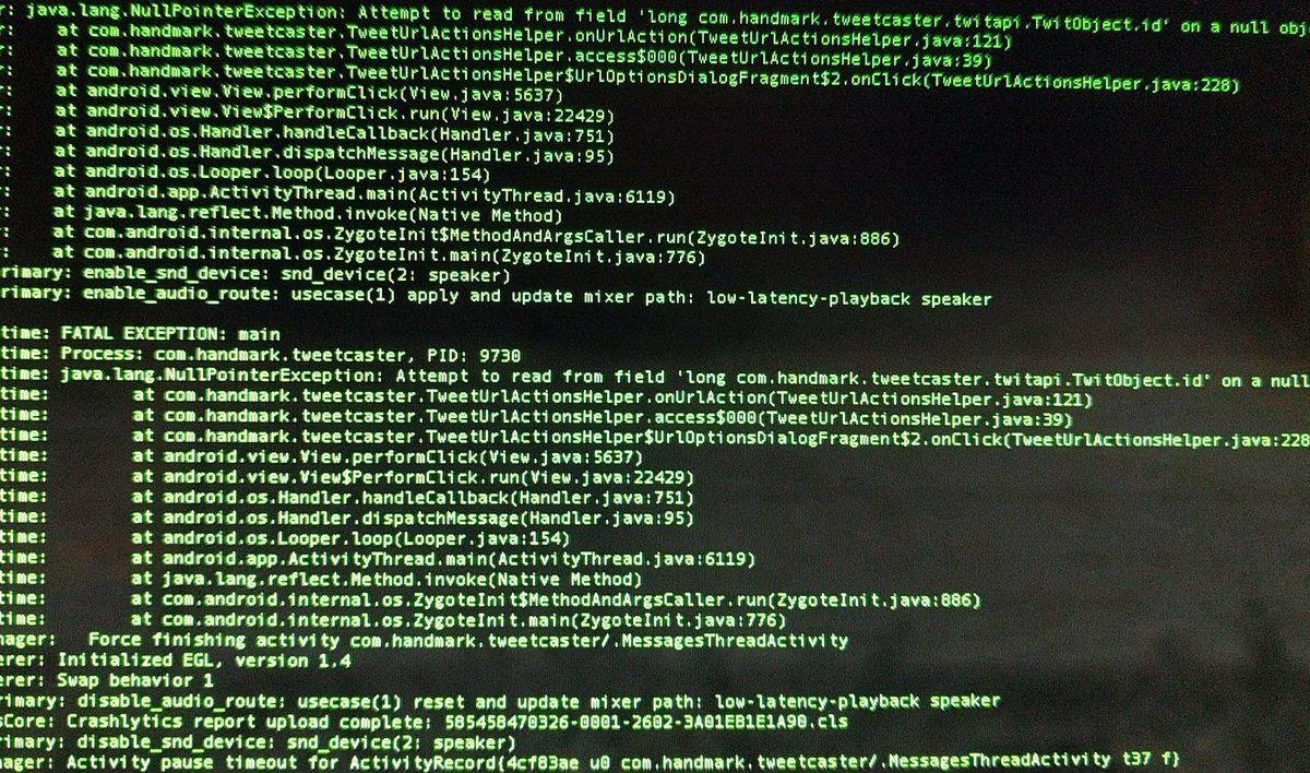 grimmcyber's tweet photo. To crash Tweetcaster 9.2.4: Click on any link in any DM. Fixed in 9.2.6. Null Pointer Exception (NPE). Non-exploitable. #NotQuite0DayFriday https://t.co/CyADpMKfGQ