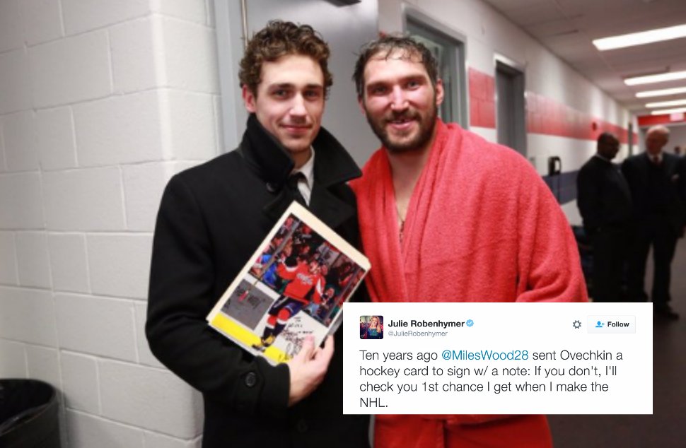 BleacherReport's tweet photo. Capitals’ Alex Ovechkin gives New Jersey Devils' Miles Wood signed photo after ignoring autograph request as a kid https://t.co/cBJq8Co3ZU https://t.co/G3u5Jizybv