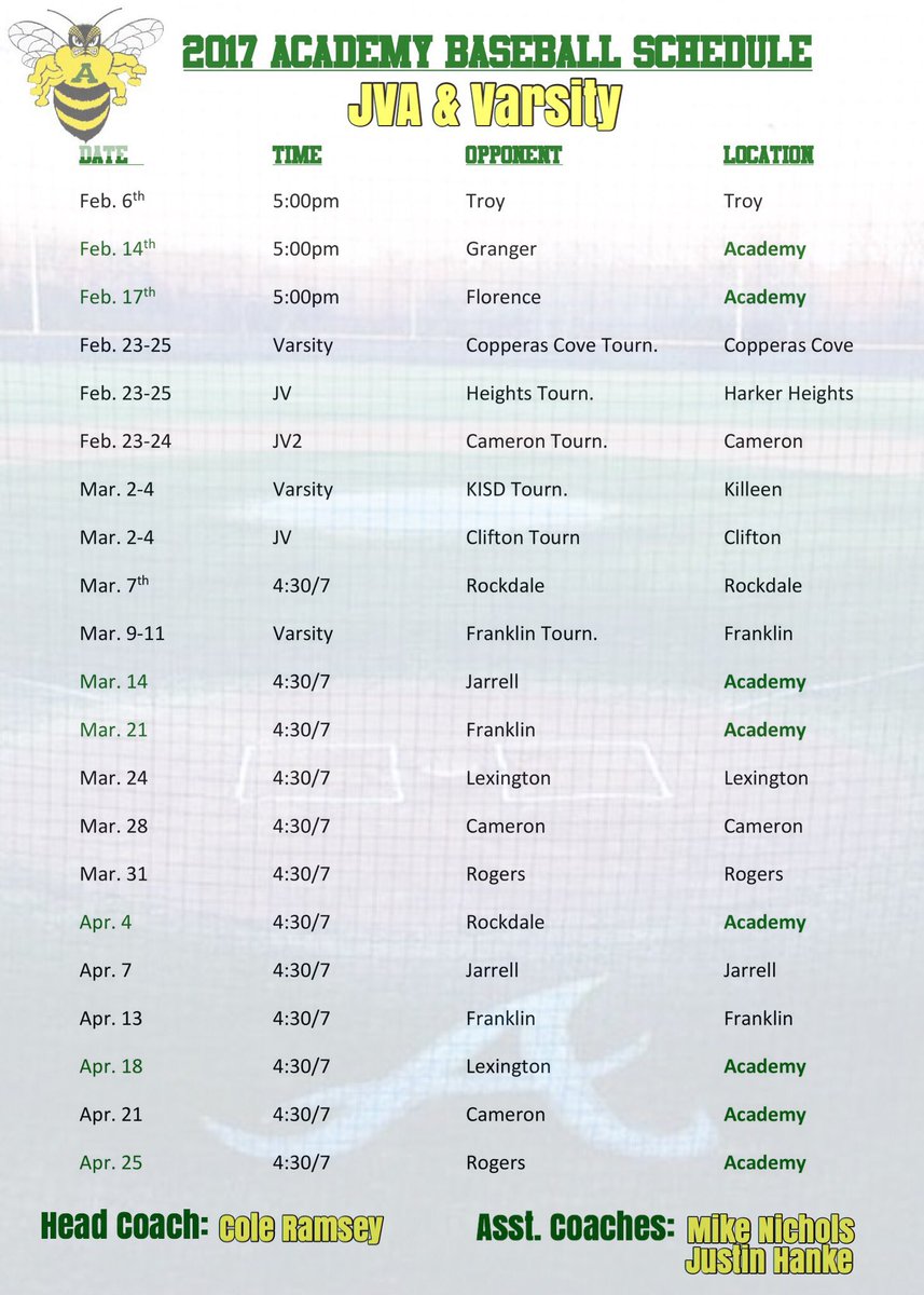 AISDBeeBoosters's tweet photo. #AHSBeeBaseball #VarsityBees #JVABees 2017 Academy HS Baseball Sched for Varsity&JVA; JVB will have a separate schedule.
#BumblebeeNation https://t.co/sKVyMXh8Qb