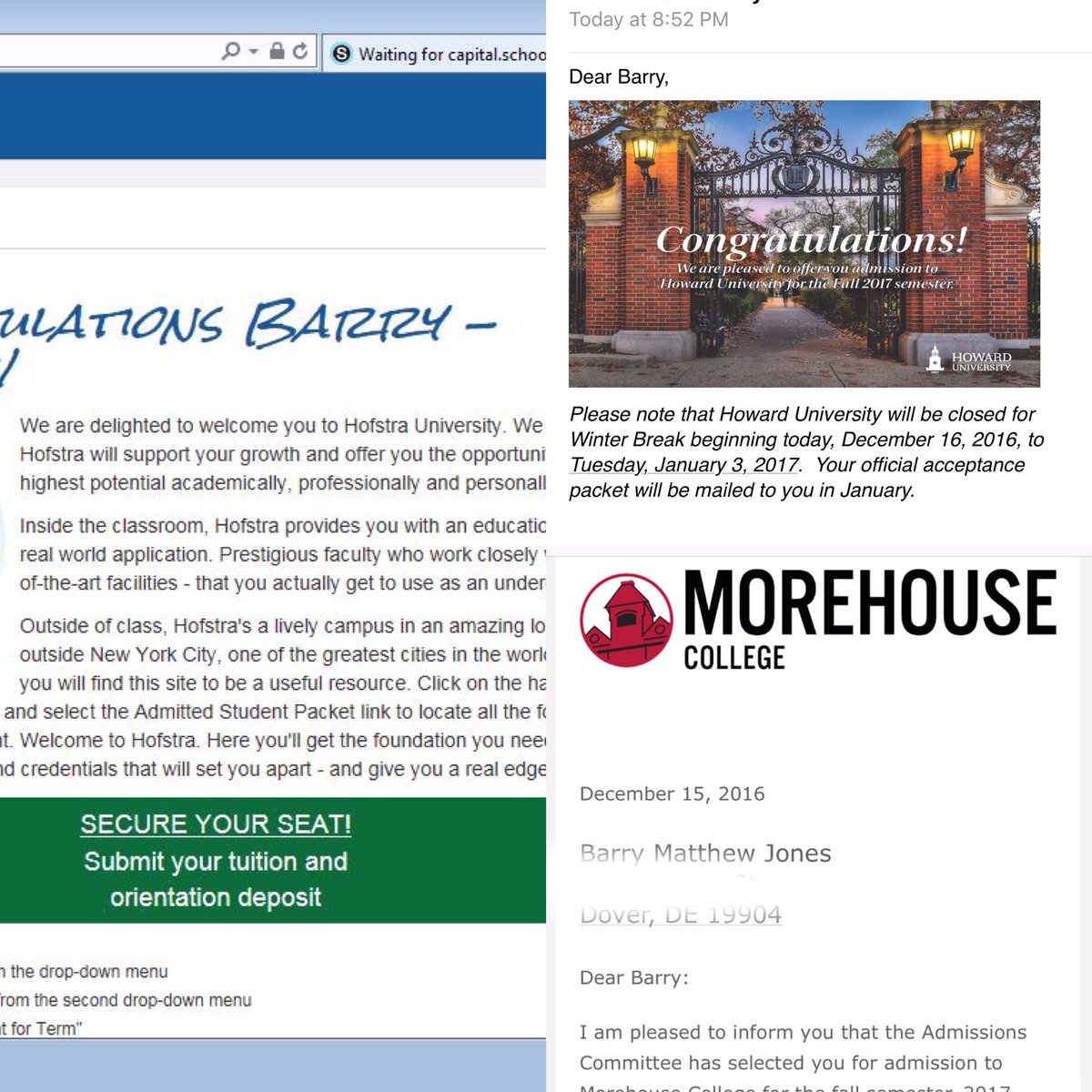 Senators2017's tweet photo. Congratulations to Barry Jones for being accepted to Morehouse College, Hofstra University, and Howard Univeristy! #SHEESH #YEAHB @bthag0d π΅ https://t.co/BCWCpS1WWN