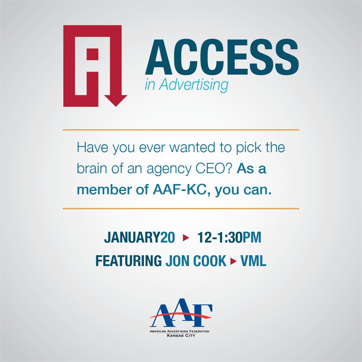 kcadclub's tweet photo. Don't miss Access in Advertising with @VML CEO @JonCookVML on 1/20! Reserve your spot now. Space is limited to 10. https://t.co/cr3AIgxnIt https://t.co/xscDQliSUh
