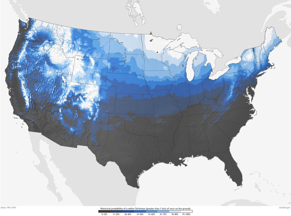 earthskyscience's tweet image. Dreaming of a white Christmas? 

Here's the historic probability in the US: bit.ly/2hKMZbQ