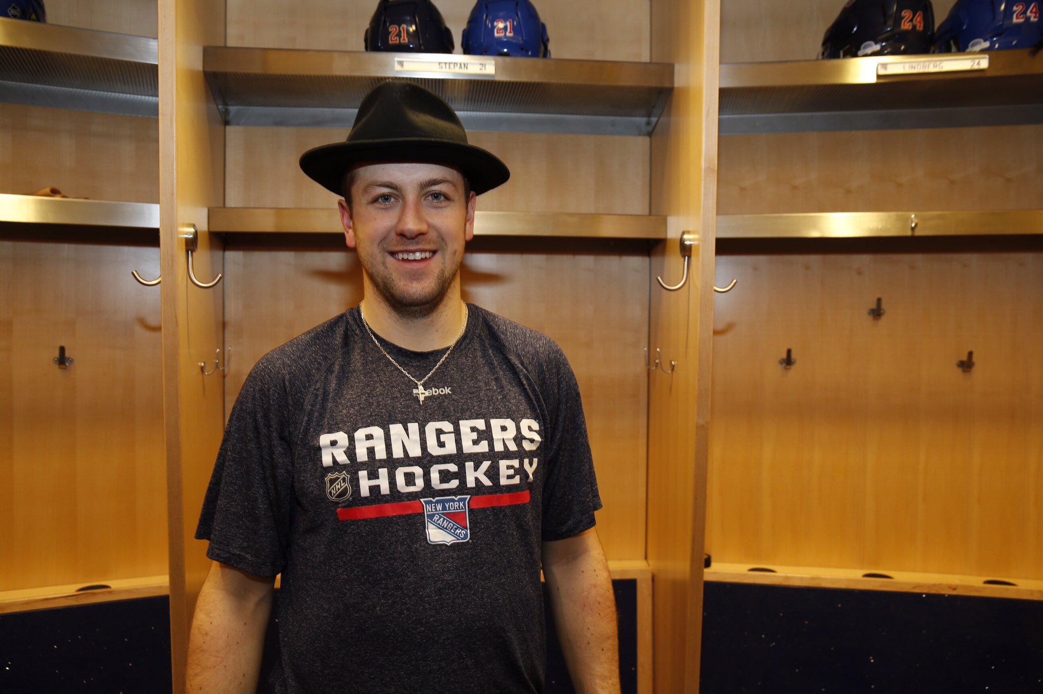Derek Stepan dons the Broadway Hat following his clutch tying goal with 1:13 left in an exciting Rangers' 3-2 shootout win over the Devils. AP Photo via Getty Images courtesy NYRangers.