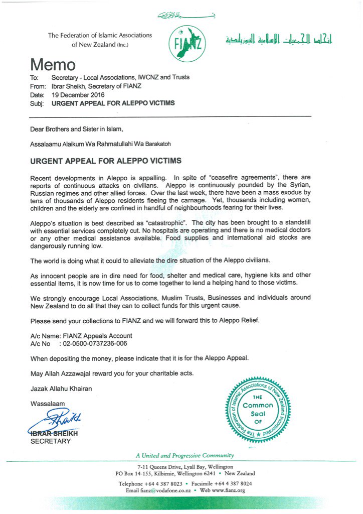 URGENT FIANZ APPEAL FOR ALEPPO VICTIMS