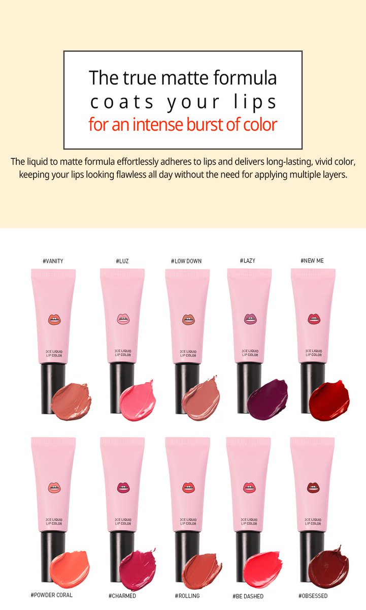 bemose_th's tweet photo. [พร้อมส่ง] #3celiquidlipcolor
ราคา 650 บาท ฟรีค่าจัดส่ง
มีสีตามนี้เลยค้าบ
#ROLLING #LUZ #LAZY #CHARMED #POWDERCORAL #OBSESSED 
#BEDASHED https://t.co/h8aSnnnsjT