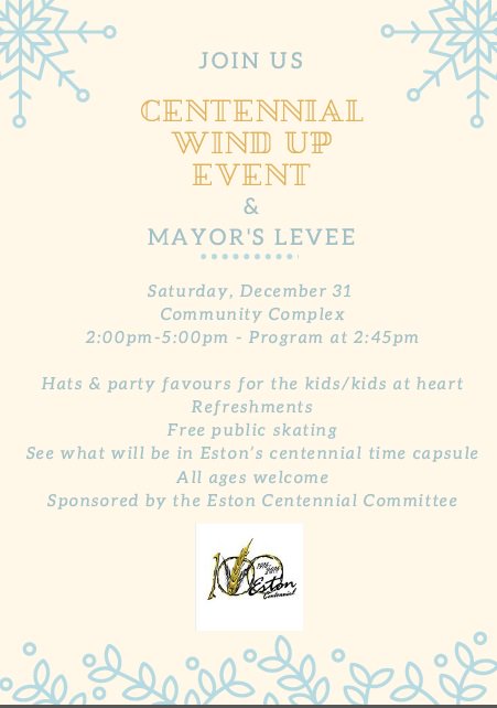 TownOfEston's tweet photo. The @EstonCentennial wrap up event is just around the corner. Tks to all those who had a hand in the year long celebration of our community https://t.co/tpdlvQGmne