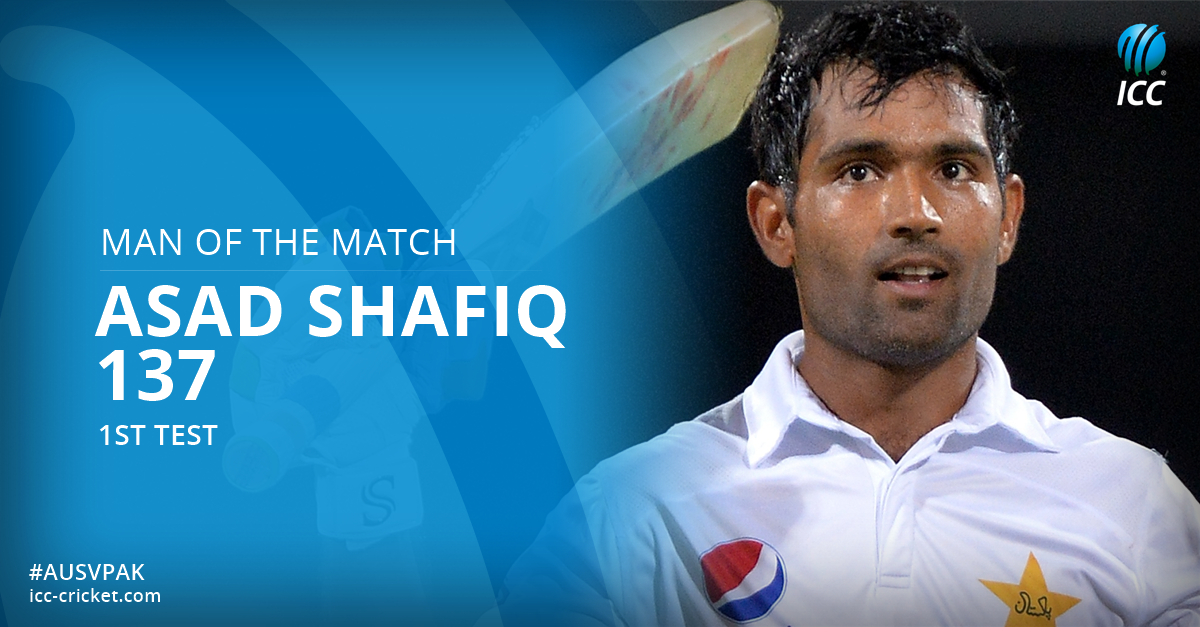 ICC's tweet photo. Asad Shafiq wins MoM for his heroic innings as Pakistan nearly chase down a world record score: https://t.co/I8bhUZhO9D #AusvPak https://t.co/v2xxW5t2in