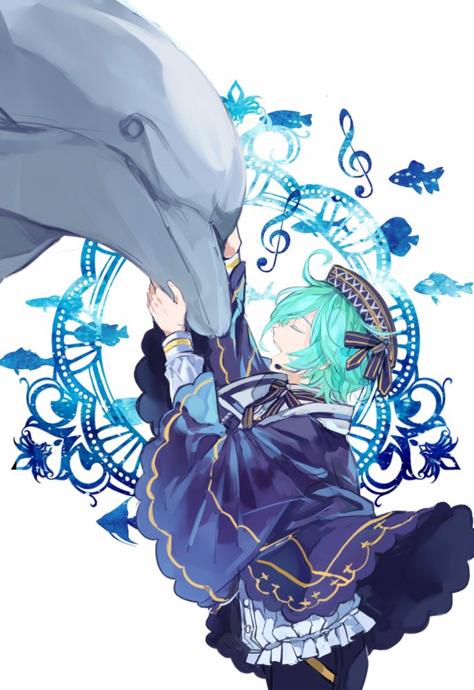 male focus 1boy closed eyes hat long sleeves green hair fish  illustration images