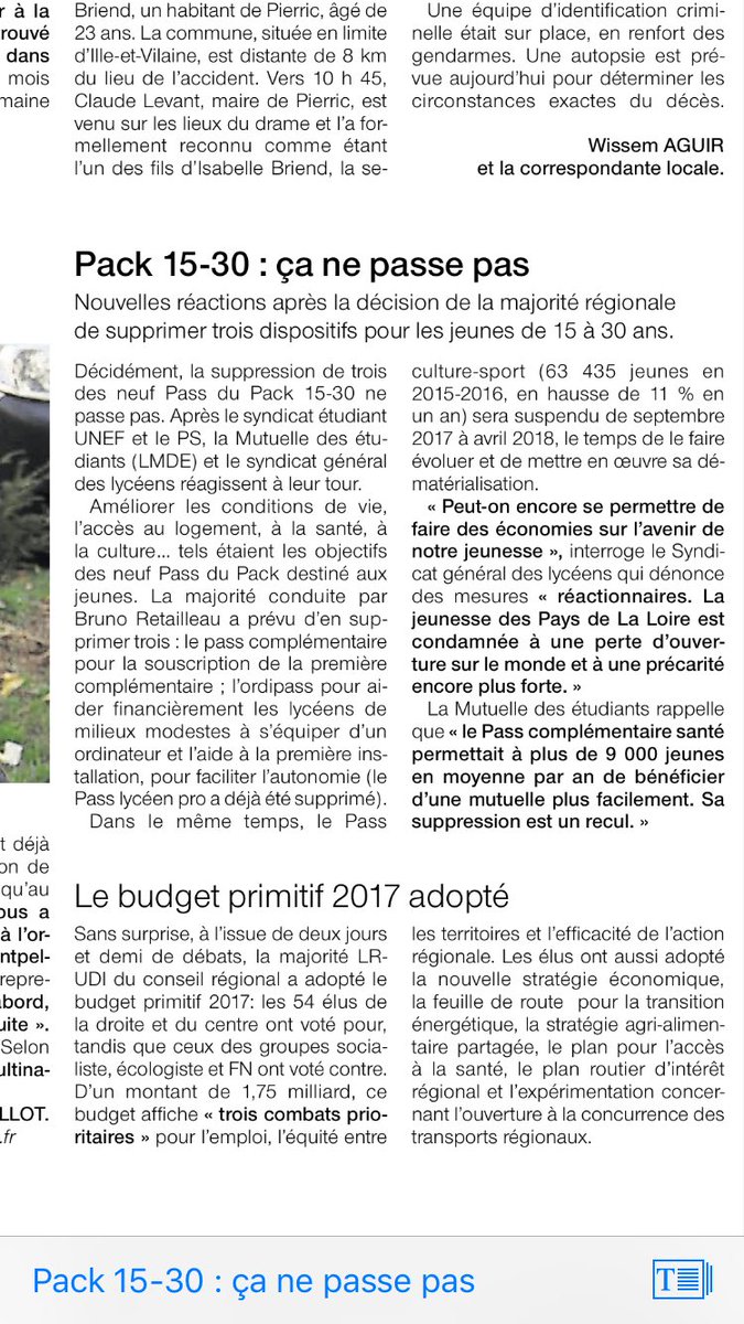 ArthurMoinet's tweet photo. @SGL_National dans @OuestFrance ce matin pour dénoncer les attaques réactionnaires de @BrunoRetailleau à notre #Pack15-30 #jeunesse #PDL https://t.co/6SztdI6WXN