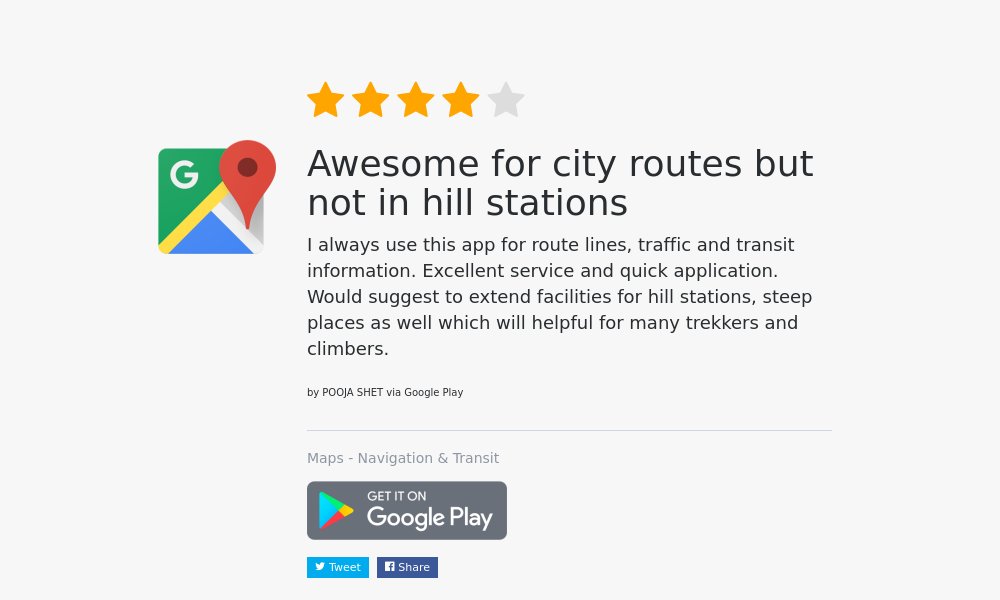 ReviewBotIO's tweet photo. 4 Star Review: "Awesome for city routes but not in hill stations: I always use this app for route ..." https://t.co/MFVEcCmwYW https://t.co/SeZwhYVPjw