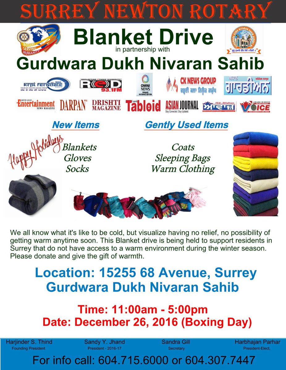 <a href="/SNRotaryClub/">Surrey-Newton Rotary</a> #blanketdrive isa week away!! Joinus Dec26/16 #Gurdwara DukhNivaranfrom11-5pm  #share #winterwarmth and #support #ourcommunity