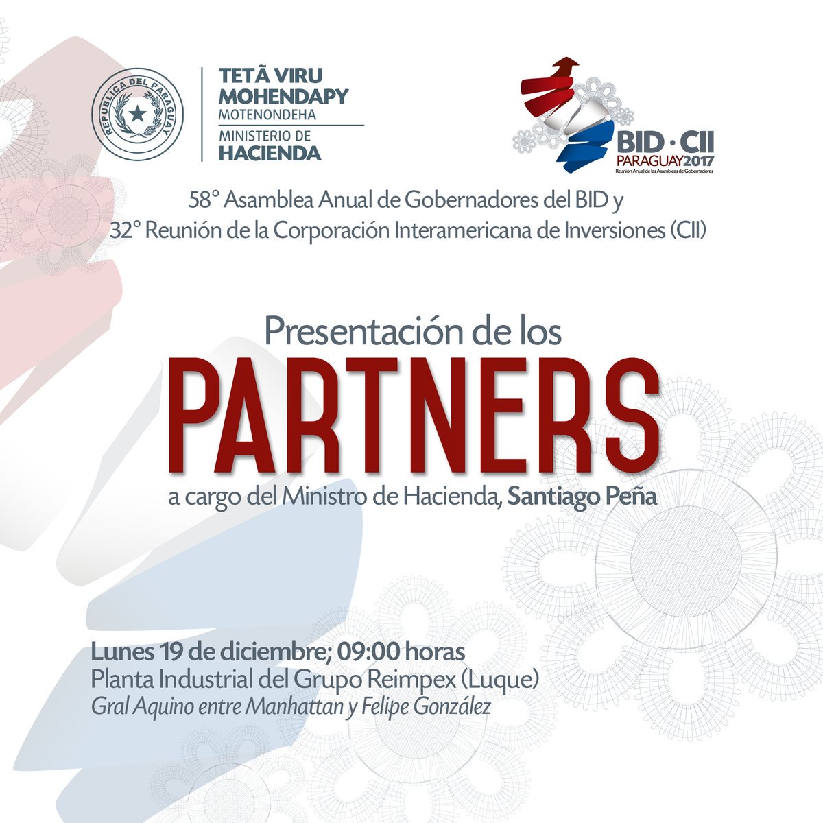 MEF_Paraguay's tweet photo. [AGENDA] Esta mañana se realiza la presentación de los #Partners, en el marco de la Asamblea Anual de @el_BID 
⏰ 9:00 en➡️ #Reimpex https://t.co/ivudkXNSbS