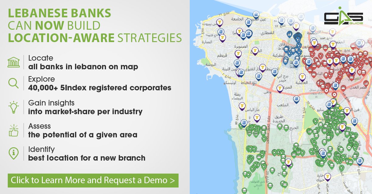 GISGUIDE's tweet photo. Lebanese Banks can now build Location-Aware Strategies. Explore our new Location Intelligence Solution.https://t.co/sFLSEWZrlH#gis #maps https://t.co/FZdcxU7Iep