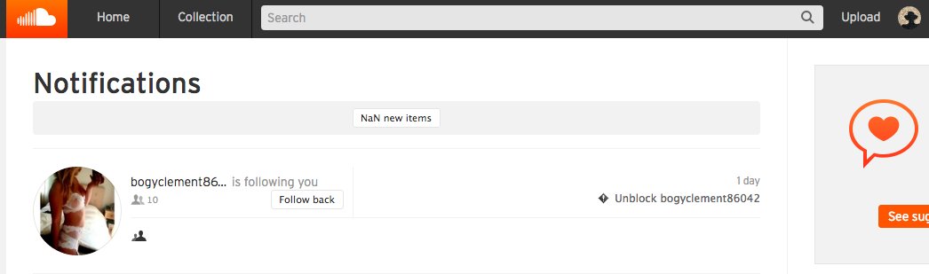 faqini_'s tweet image. Soundcloud sum up, spam accounts & NaN new items, still I ❤️ you. @SoundCloud #soundcloud #bugreport