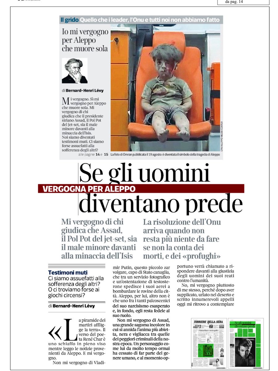 mauriziobernava's tweet photo. @BHL,dobbiamo Vergognarci per #Aleppo! Per crimini vs umanità di #Assad, x complice ritardo di @ONU_es x ns assuefazione a sofferenza altrui https://t.co/7o54182UbW