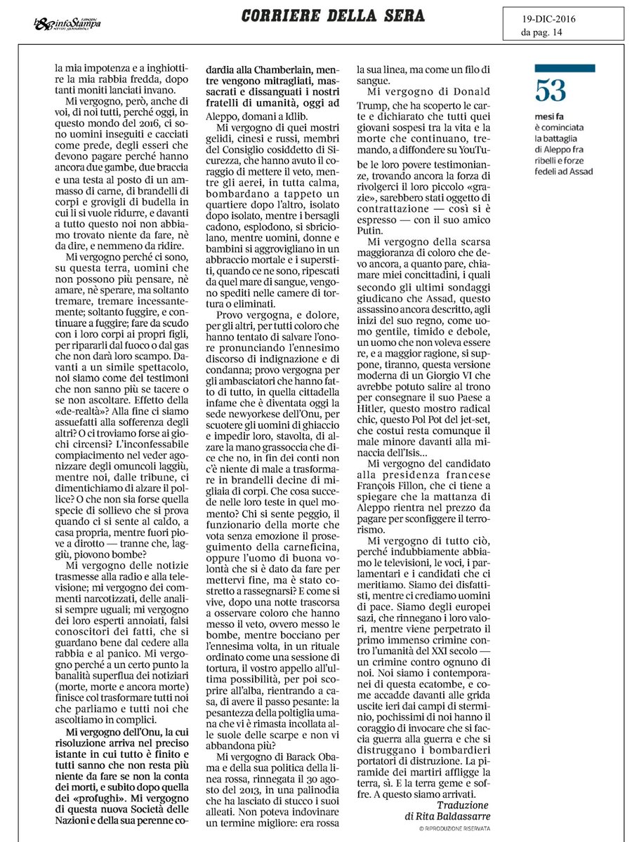 mauriziobernava's tweet photo. @BHL,dobbiamo Vergognarci per #Aleppo! Per crimini vs umanità di #Assad, x complice ritardo di @ONU_es x ns assuefazione a sofferenza altrui https://t.co/7o54182UbW