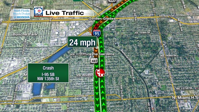 Crash on I-95 SB approaching NW 135th St #traffic https://t.co/Nw5kBzUaWi
