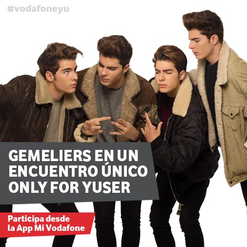vodafoneyu's tweet photo. ¡Ten un encuentro exclusivo con @GemeliersMusic! ¿Eres #Yuser? Participa en el sorteo del M&amp;G con la App Mi Vodafone https://t.co/DgsRDeN8Os https://t.co/sHxfui6kJL