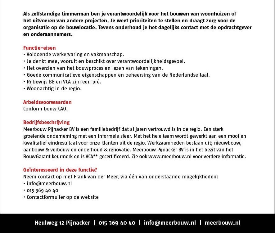 Wij zoeken een zelfstandige timmerman!