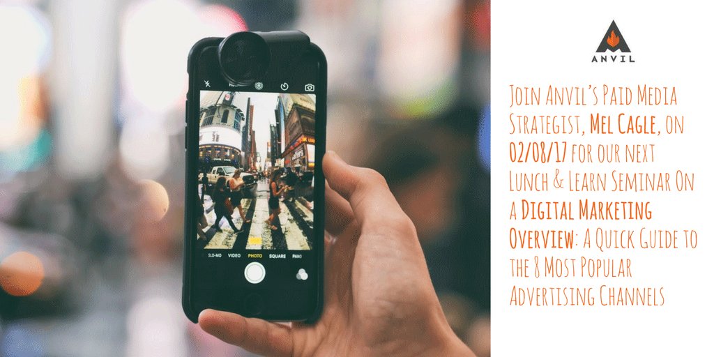anvilmedia's tweet photo. Learn more about the 8 most popular online advertising channels at our next lunch &amp; learn Feb. 8 w/ @mel_cagle https://t.co/IoUtDpuorD #ppc https://t.co/QSkXRZmAH8