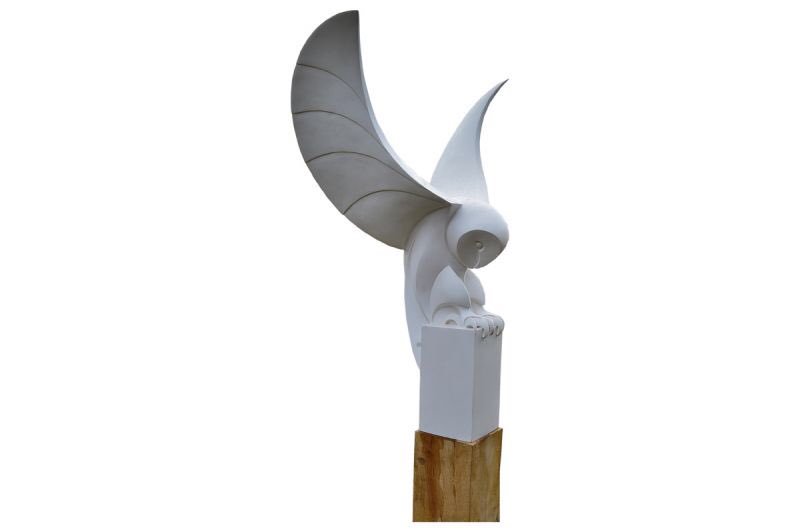 Sculpture of a barn owl in flight, just landed at Garden Art!